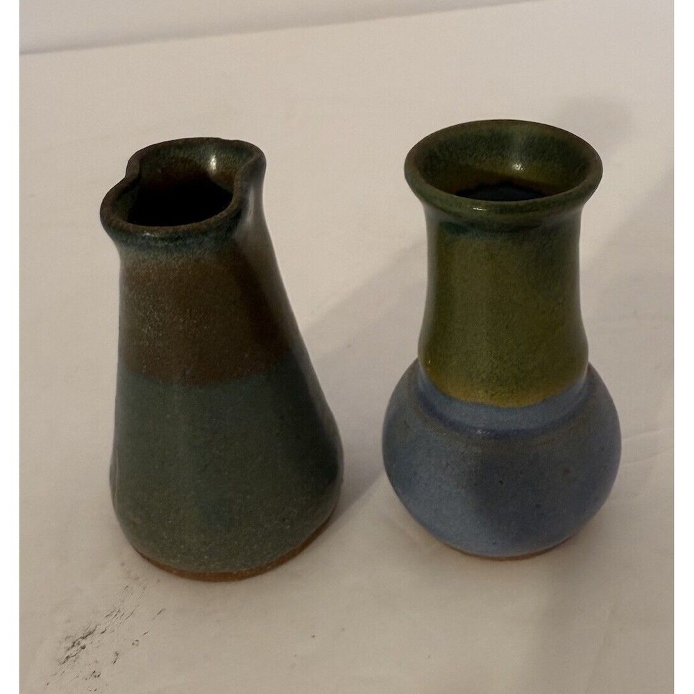Small Studio Art Pottery Bud Vase Lot of 2 Blue Green & Brown-Signed-Approx.3"